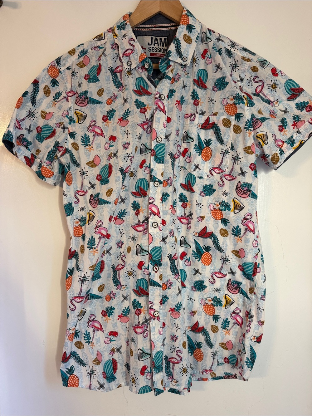 Jam Session Men’s Short Sleeve Button-Down Shirt - White with Pink & Teal Print